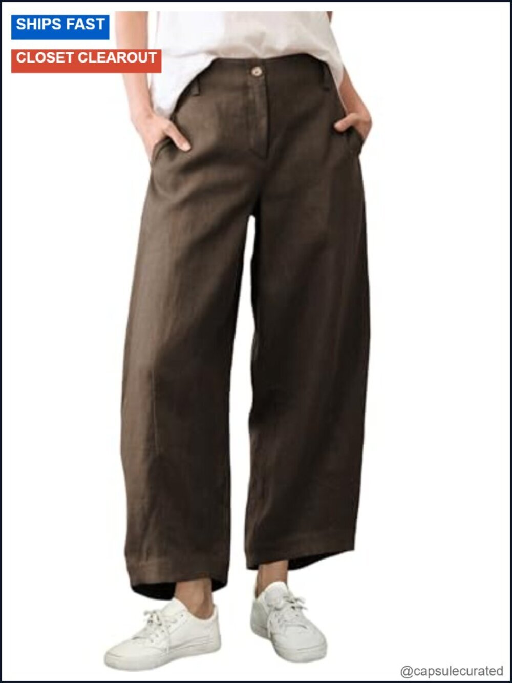 Wide Leg Linen Capri Pants Elastic Waisted High Rise Cropped Casual Trousers